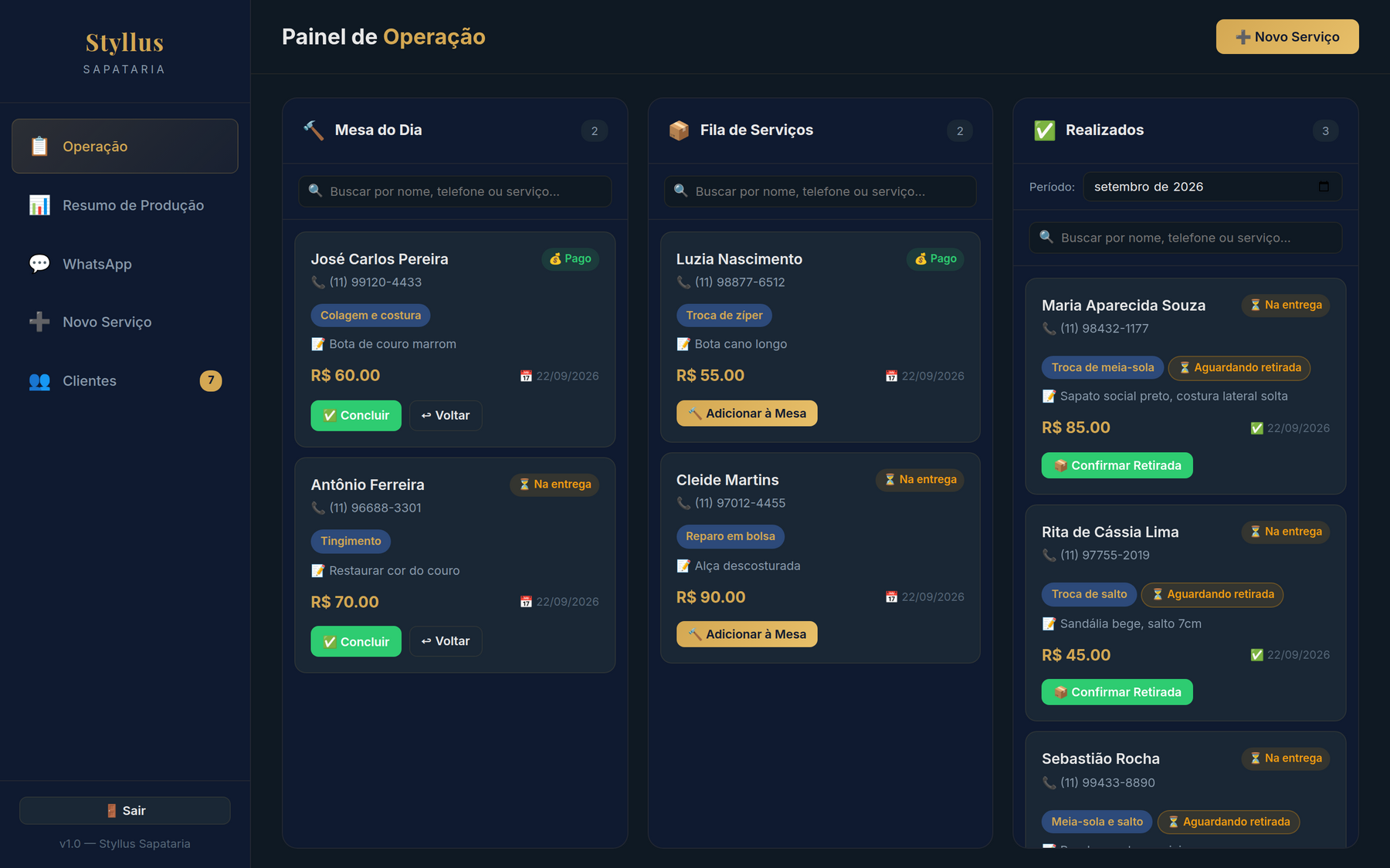 Painel de operação com as colunas Mesa do Dia, Fila de Serviços e Realizados.